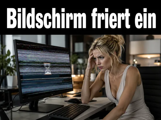 Entnervte Geschaeftsfrau vor einem eingefrorenen Monitor mit Sanduhr als Symbol fuer Spyware, die die Installation von Service Pack 2 blockiert