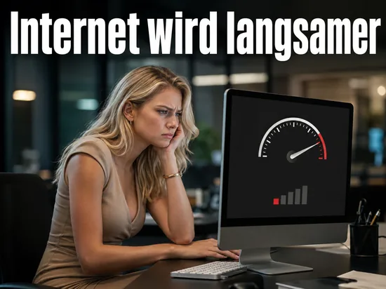 Genervte Geschaeftsfrau vor einem Monitor mit Geschwindigkeitsanzeige im roten Bereich als Symbol fuer die begrenzten TCP-Verbindungen unter Service Pack 2