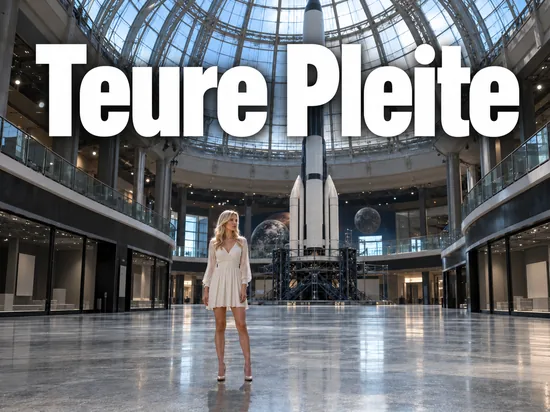 Frau im hellen Kleid allein in einer leeren Erlebnishalle mit Glaskuppel und Raketennachbau, darüber der Schriftzug Teure Pleite