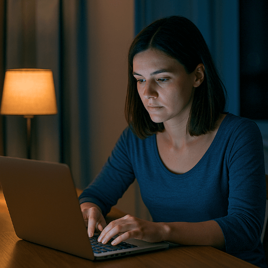 Junge Frau sitzt nachts an einem Laptop in einem abgedunkelten Zimmer