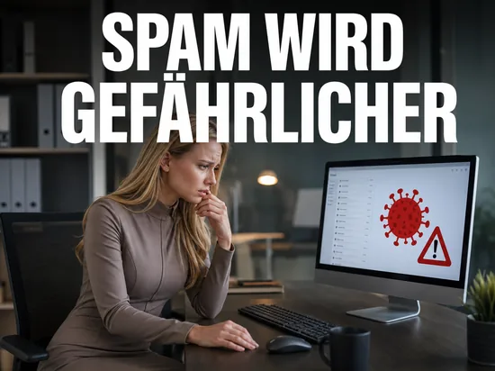 Blonde Geschaeftsfrau blickt besorgt auf Posteingang mit Virus-Symbol und Warndreieck, Schriftzug Spam wird gefaehrlicher
