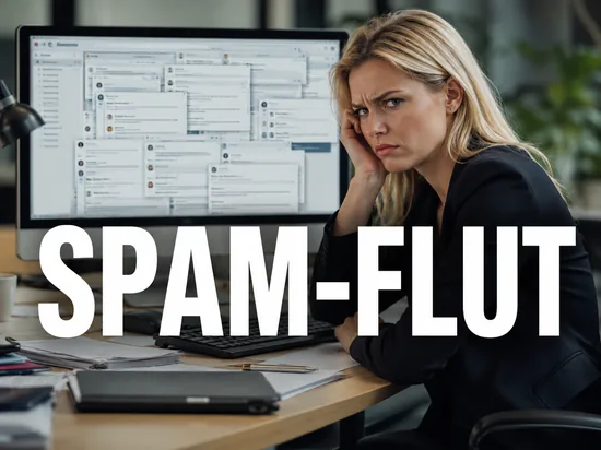 Genervte Geschäftsfrau vor einem Bildschirm mit überquellendem E-Mail-Postfach, Symbolbild für die Flut unerwünschter Spam-Mails am Arbeitsplatz