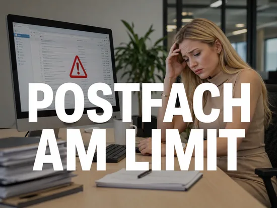 Blonde Frau sitzt entnervt vor Monitor mit ueberquellendem Posteingang und Warndreieck, Schriftzug Postfach am Limit