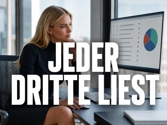 Blonde Frau vor Monitor mit Posteingang voller Werbemails und Kreisdiagramm, Schriftzug Jeder Dritte liest