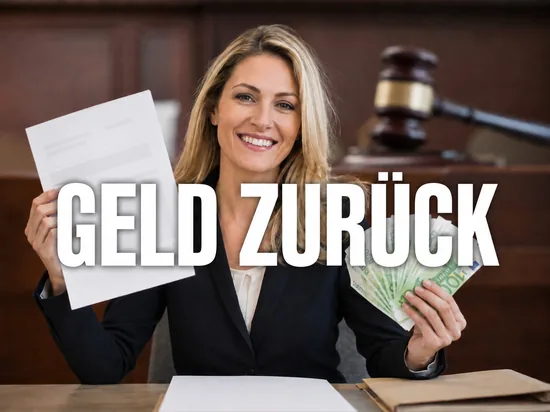 Erfreute Geschäftsfrau mit einem Schreiben und Euro-Geldscheinen vor einem Richterhammer, Symbolbild für die Rückzahlung unrechtmäßiger Sparkassen-Gebühren