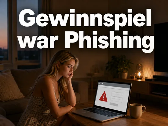 Frau am Laptop mit gefaelschter Gewinnspielseite und Warnsymbol: Gewinnspiel entpuppt sich als Phishing