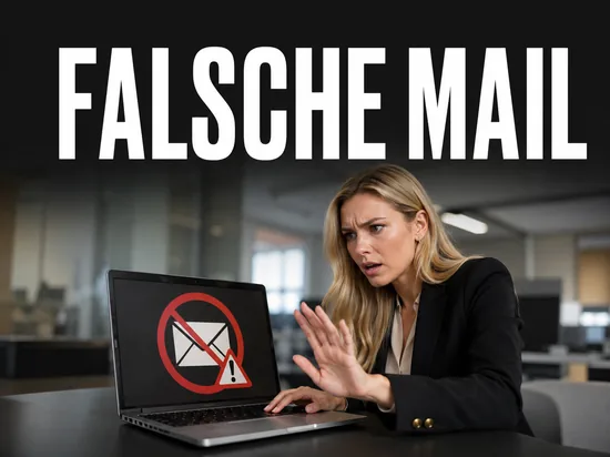 Blonde Geschaeftsfrau wehrt erschrocken ab am Laptop mit durchgestrichenem E-Mail-Symbol und Warnung, Schriftzug Falsche Mail