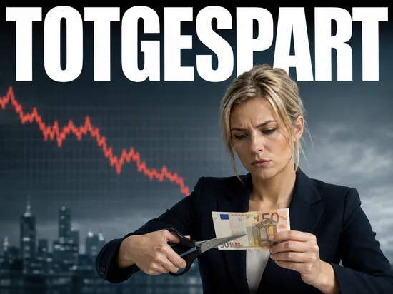 Kritik an der Sparpolitik der Politiker, ernste Geschäftsfrau zerschneidet einen Euro-Schein vor fallendem Wirtschafts-Chart