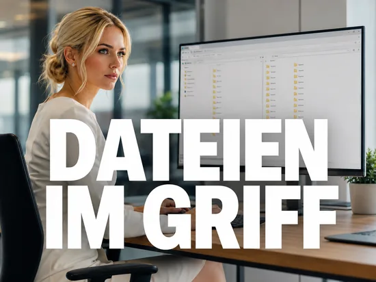 Geschaeftsfrau am Schreibtisch vor einem Monitor mit zweigeteiltem Dateimanager