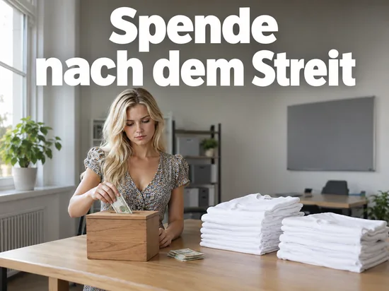 Frau wirft einen Geldschein in eine hölzerne Spendenbox neben gestapelten weißen T-Shirts