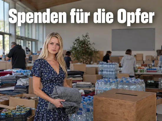 Frau im Kleid steht mit einer Wolldecke in einer Sammelstelle voller Hilfsgueter