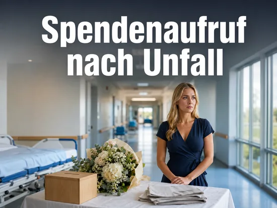 Frau neben Spendenbox und Blumen im Krankenhausflur, Schriftzug Spendenaufruf nach Unfall