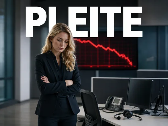 Enttaeuschte blonde Geschaeftsfrau vor verwaistem Callcenter-Arbeitsplatz mit Telefon und Headset und fallendem rotem Kurs, Symbolbild Insolvenz eines Telefon-Notdienstes kurz nach Start