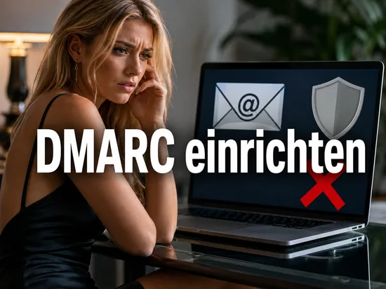 Frau am Laptop mit E-Mail-Symbol, Schutzschild und Abgelehnt-Kreuz