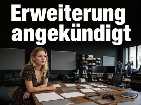Besprechungstisch im Spielestudio mit leeren Blaettern und Gamepad