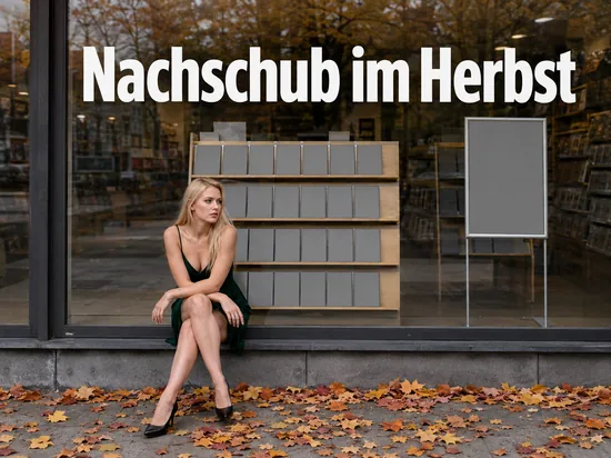 Schaufenster eines Spielegeschaefts mit Herbstlaub und grauen Huellen