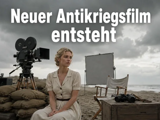 Historisches Filmset am Strand mit alter Kamera und Regiestuhl als Symbol fuer einen neuen Antikriegsfilm