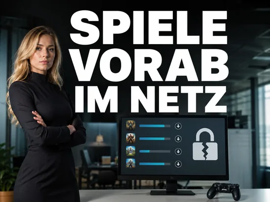 Blonde Frau vor Monitor mit Spiele-Downloadliste und gebrochenem Schloss, Schriftzug Spiele vorab im Netz