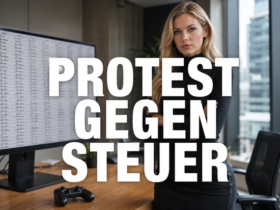 Blonde Frau vor Monitor mit langer Unterschriftenliste neben einem Gamecontroller, Schriftzug Protest gegen Steuer