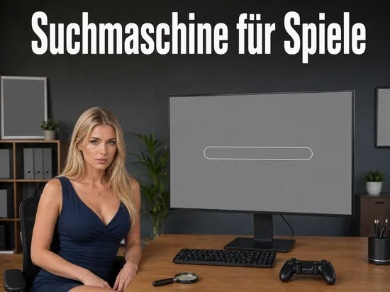 Buero mit grossem Bildschirm, leerem Suchfeld, Lupe und Gamepad