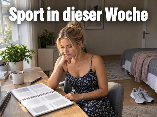 Frau im Kleid sitzt am Schreibtisch vor einem aufgeschlagenen Terminplaner