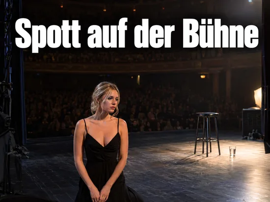 Frau steht auf einer Theaterbühne vor vollem Zuschauerraum