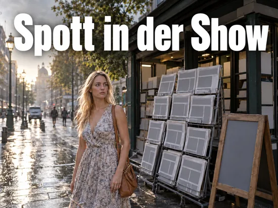 Frau geht an einem Zeitungsständer vor einem Kiosk vorbei