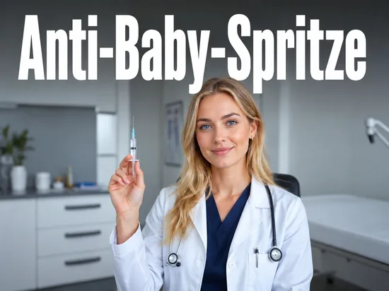 Junge blonde Aerztin haelt laechelnd eine Spritze als Symbol fuer eine Verhuetungsspritze