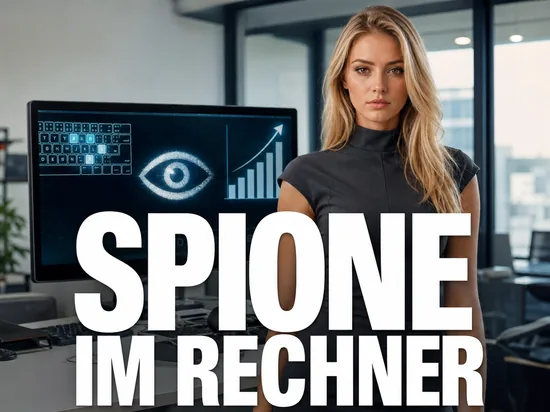Blonde Frau vor Monitor mit Tastaturaufzeichnung, Auge-Symbol und steigender Statistik, Schriftzug Spione im Rechner