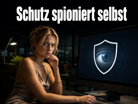 Misstrauische Geschaeftsfrau vor einem Monitor mit Schutzschild und Auge als Symbol fuer ein Anti-Spyware-Programm, das selbst Daten ausspaeht