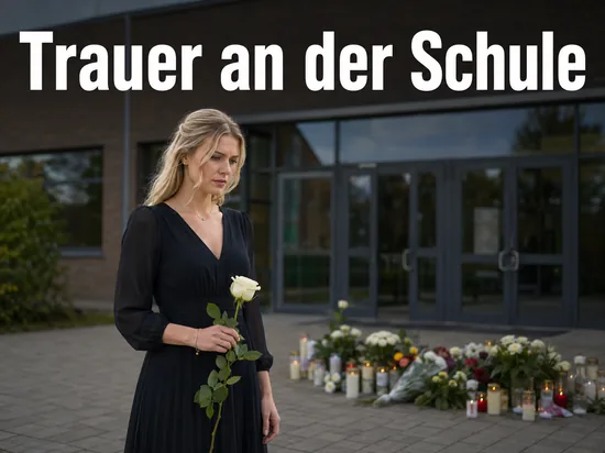 Frau mit weisser Rose vor einem Schuleingang mit Blumen und Kerzen: Trauer nach der Gewalttat am Gymnasium in St. Leon-Rot