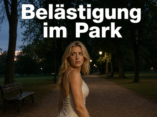 Frau blickt beunruhigt auf einem Weg im Stadtpark zurueck: Polizei sucht Mann nach Belaestigung im Park