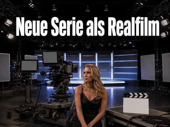 Fernsehstudio mit Filmkamera, Scheinwerfern und Filmklappe als Symbol fuer eine neue Realfilm-Serie
