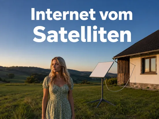 Weisse Satellitenantenne auf einer Wiese vor einem Landhaus