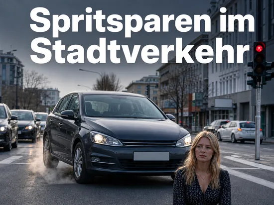 Auto an einer roten Ampel an einer Stadtkreuzung im Berufsverkehr