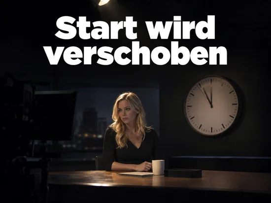Frau an einem leeren Moderationstisch im abgedunkelten Studio