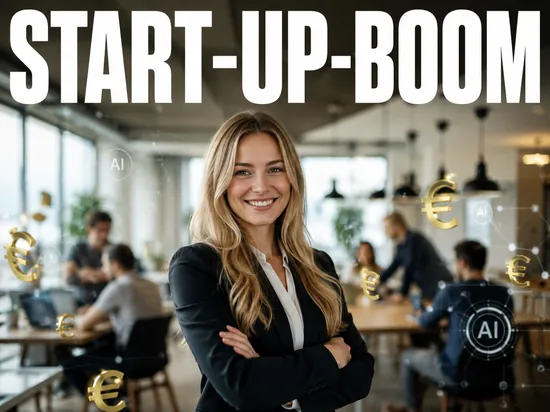 Blonde Geschaeftsfrau in modernem Start-up-Buero, Symbolbild Start-up-Boom mit KI