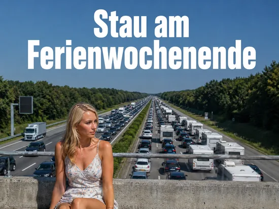Dichter Stau mit Autos und Wohnwagen auf einer Autobahn am Ferienwochenende