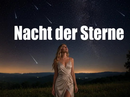 Sternenhimmel mit mehreren Sternschnuppen ueber einer Huegelwiese in klarer Sommernacht, davor eine Frau die nach oben blickt