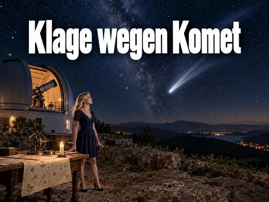 Frau im dunkelblauen Kleid neben einer Sternwarte bei Nacht blickt zu einem Kometen, auf dem Tisch eine Sternkarte und eine Kerze, darüber der Schriftzug Klage wegen Komet