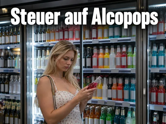 Frau betrachtet eine Flasche vor einem Kuehlregal mit bunten Mischgetraenken