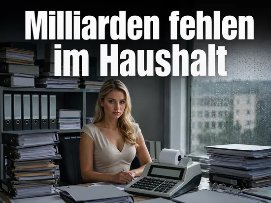 Frau sitzt an einem Schreibtisch voller Aktenordner mit einem Tischrechner