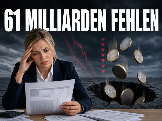 Bis 2007 fehlen 61 Milliarden Euro Steuereinnahmen, besorgte Geschäftsfrau mit Haushaltsplan vor Euro-Münzen, die in ein Loch fallen