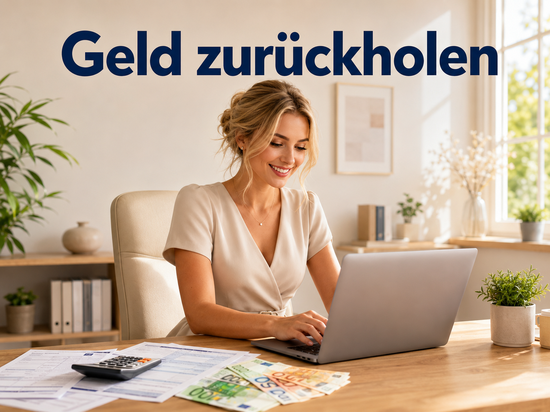 Blonde Frau im Kleid macht am Laptop entspannt ihre Steuererklärung, daneben Taschenrechner und Euro-Scheine
