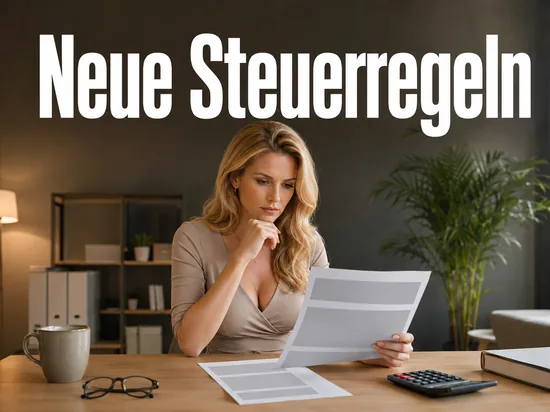 Frau sitzt an einem Schreibtisch und liest eine Lohnabrechnung