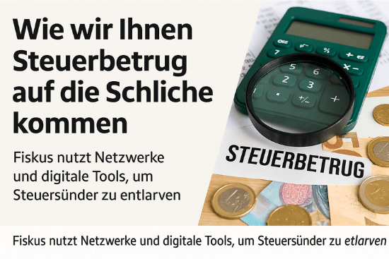 Steuerbetrug aufdecken: Finanzdokumente, Taschenrechner, Lupe und Euro-M&uuml;nzen verdeutlichen die digitale Steuerpr&uuml;fung durch das Finanzamt.