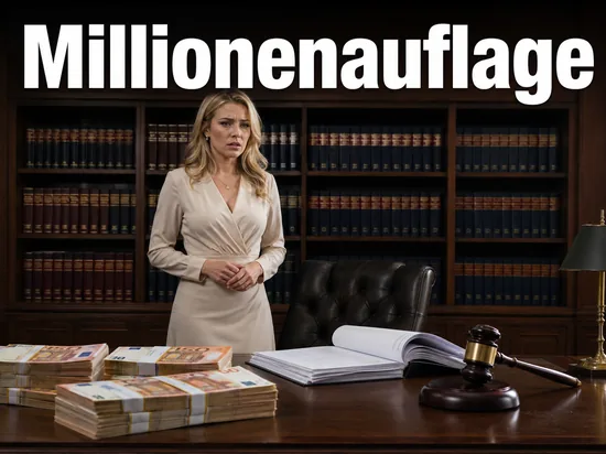 Frau in einer Anwaltsbibliothek vor Geldbuendeln, Steuerakte und Richterhammer: Bewaehrungsstrafe und Millionenauflage fuer Steuersuender