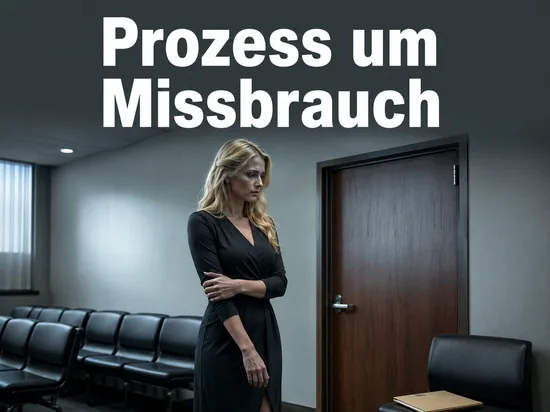 Frau im Wartebereich eines Gerichts vor einer geschlossenen Saaltuer: Prozess um Missbrauch einer Elfjaehrigen