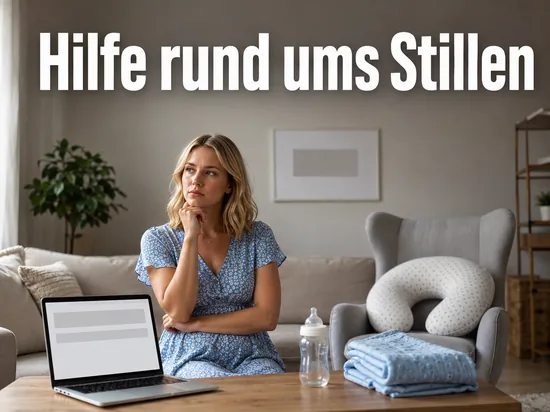Laptop, Babyflaeschchen, Babydecke und Stillkissen im Wohnzimmer als Symbol fuer eine Ratgeberseite zum Stillen
