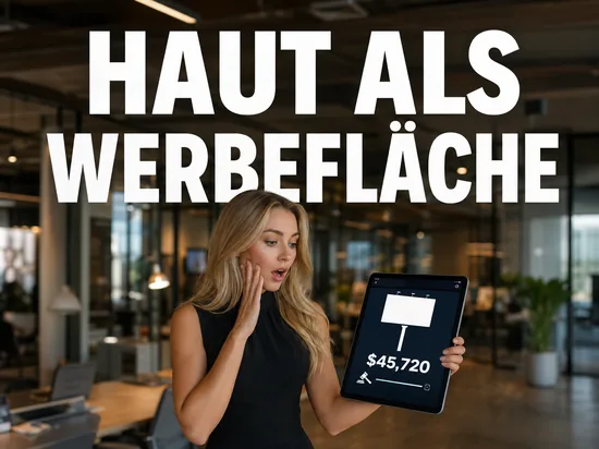 Blonde Frau staunt ueber Tablet mit Auktion fuer eine leere Werbeflaeche und hohem Gebot, Schriftzug Haut als Werbeflaeche